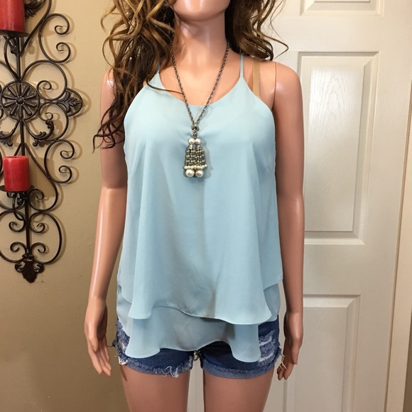 Pink Rose Tops - Pink Rose sky blue ruffle tank